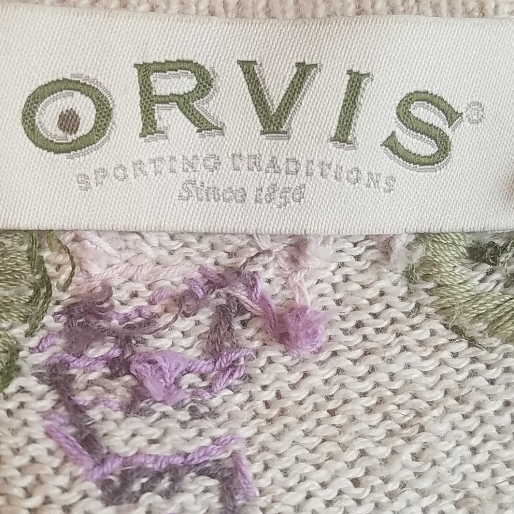 Orvis Cardigan XS 0 Floral Embroidered Oat Cotton Button Front Sweater Gorpcore - Picture 7 of 10